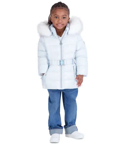 Michael Kors Babies' Toddler Girls' 2t-5t Belted Stadium Length Mk Logo Long-sleeve Jacket In Blue