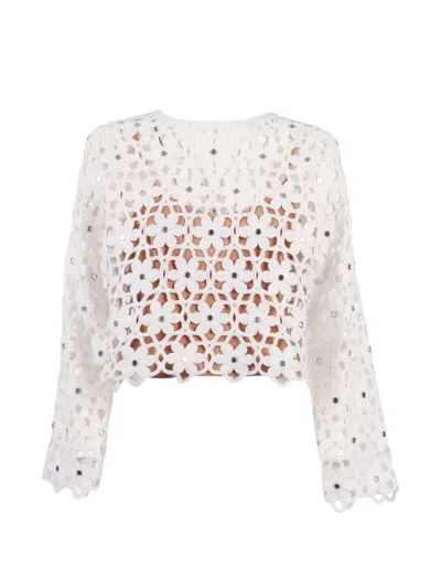 Michael Kors Floral-crochet Mirror-embellished Top In Neutral