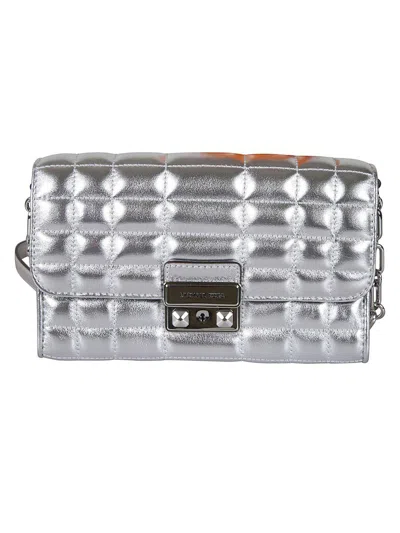 Michael Kors Large Tribeca Leather Cross Body Bag In Silver