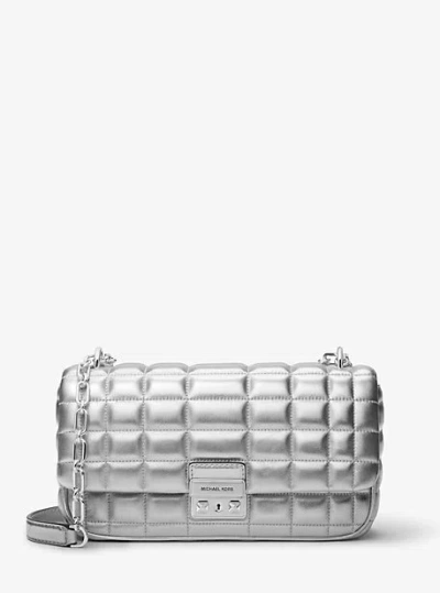 Michael Kors Tribeca Large Metallic Quilted Leather Shoulder Bag In Silver