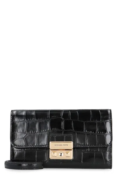 Michael Kors Tribeca Leather Wallet On Chain In Black