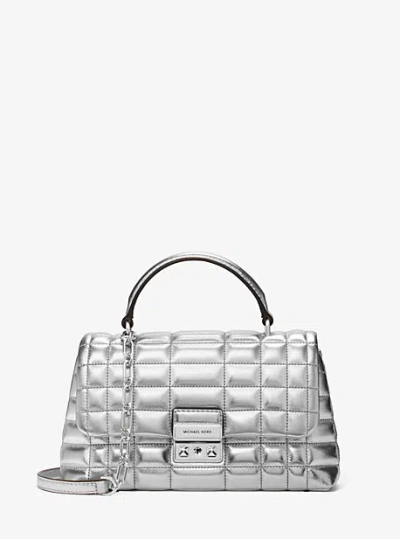 Michael Kors Tribeca Medium Quilted Metallic Leather Satchel In Silver