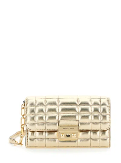 MICHAEL KORS 'TRIBECA' METALLIC CROSSBODY BAG WITH LOGO PLAQUE ON THE FRONT AND CHAIN-LINK LEATHER SHOULDER STRAP