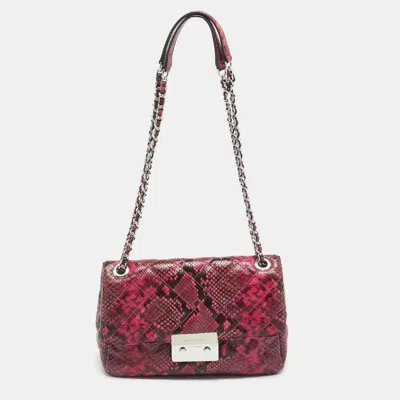 Pre-owned Michael Kors Tribeca Pink/black Python Embossed Leather Shoulder Bag