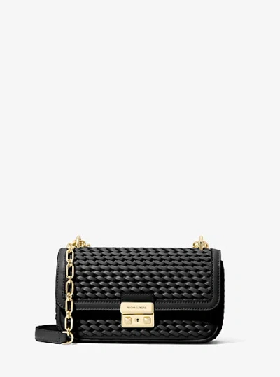 Michael Kors Tribeca Small Hand-woven Leather Shoulder Bag In Black
