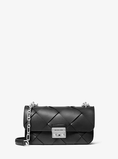 Michael Kors Tribeca Small Woven Leather Shoulder Bag In Black