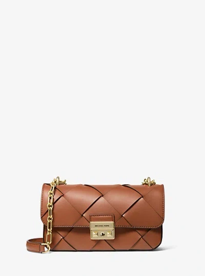 Michael Kors Tribeca Small Woven Leather Shoulder Bag In Brown