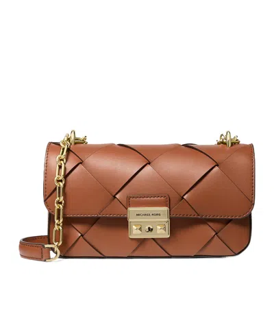 Michael Kors Tribeca Small Woven Leather Shoulder Bag In Brown
