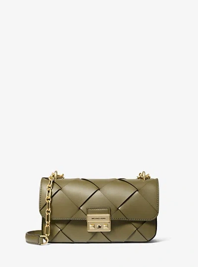 Michael Kors Tribeca Small Woven Leather Shoulder Bag In Green
