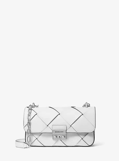 Michael Kors Tribeca Small Woven Leather Shoulder Bag In White