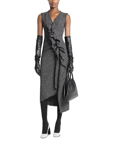 Michael Kors Tweed Frayed Ruched Sheath Dress In Black