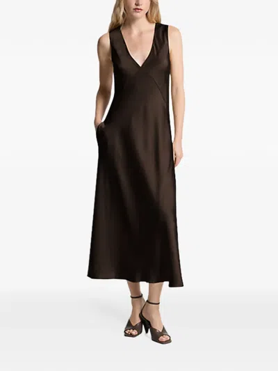 Michael Kors V-neck Pocket Midi Dress In Brown