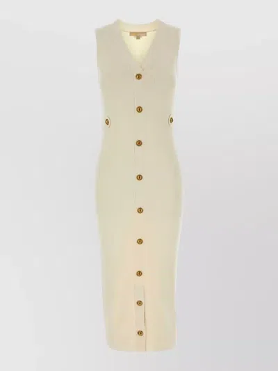 Michael Kors V Neck Ribbed Sleeveless Midi Dress In Neutral