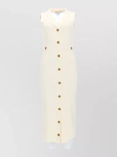 Michael Kors V Neck Sleeveless Dress Ribbed Waist Buttons In Neutral