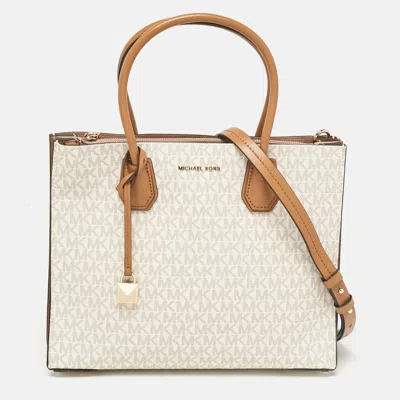 Pre-owned Michael Kors Vanilla/brown Signature Coated Canvas Large Accordion Mercer Tote In White