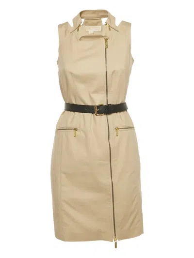 Pre-owned Michael Kors Vintage Collar Belted Zip-up Midi Dress In Neutral