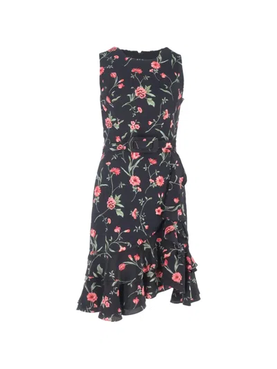 Pre-owned Michael Kors Vintage Floral-print Belted Dress In Black
