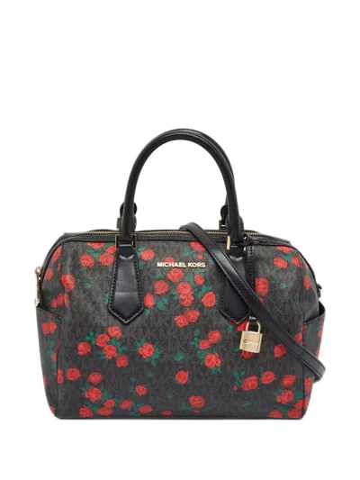 Pre-owned Michael Kors Vintage Large Hayes Rose-print Duffel Bag In Black