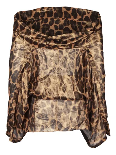 Pre-owned Michael Kors Vintage Leopard-print Off-shoulder Blouse In Brown