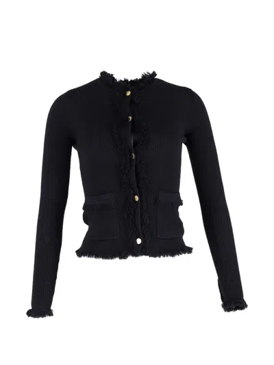 Pre-owned Michael Kors Vintage Milano Fringed Knit Cardigan In Black