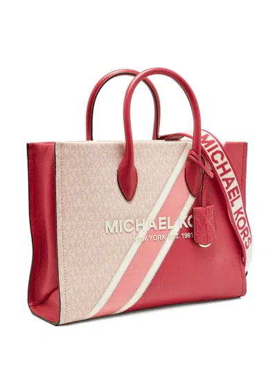 Pre-owned Michael Kors Vintage Mirella Diagonal-stripe Leather Tote Bag In Red