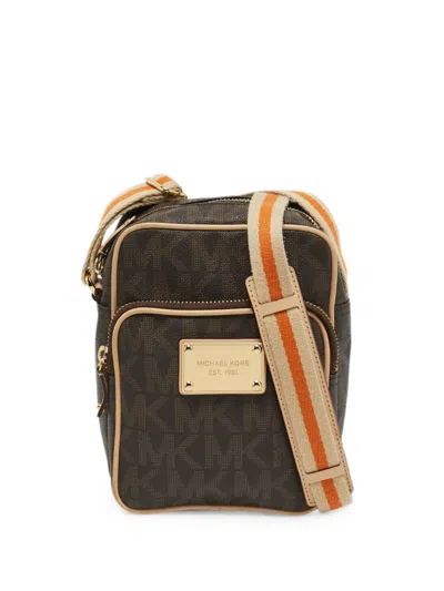 Pre-owned Michael Kors Vintage Monogram-print Leather-trim Cross Body Bag In Brown