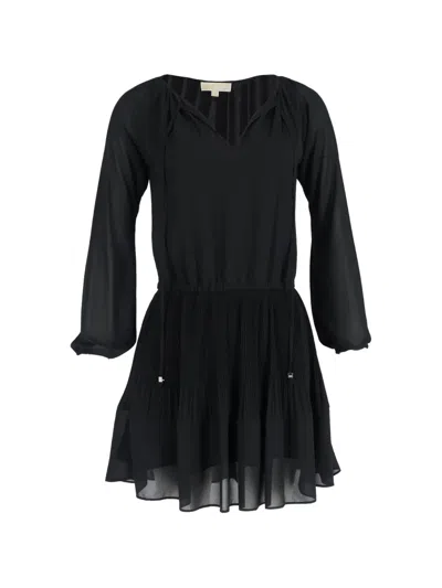 Pre-owned Michael Kors Vintage Pleated Long-sleeve Mini Dress In Black