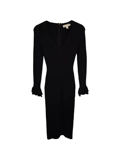 Pre-owned Michael Kors Vintage Ribbed Ruffle-cuff Midi Dress In Black