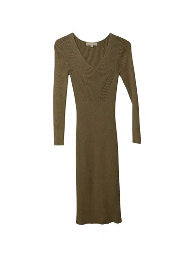 Pre-owned Michael Kors Vintage Ribbed V-neck Midi Dress In Gold