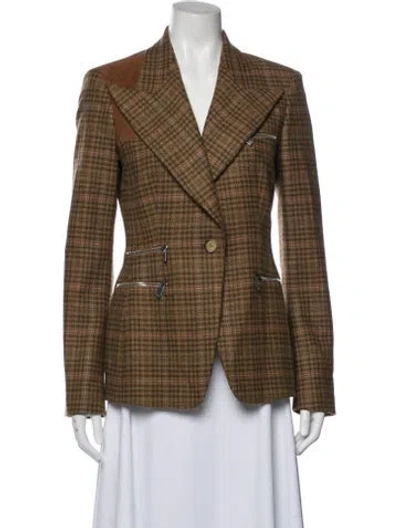 Pre-owned Michael Kors Virgin Wool Plaid Print Blazer In Brown