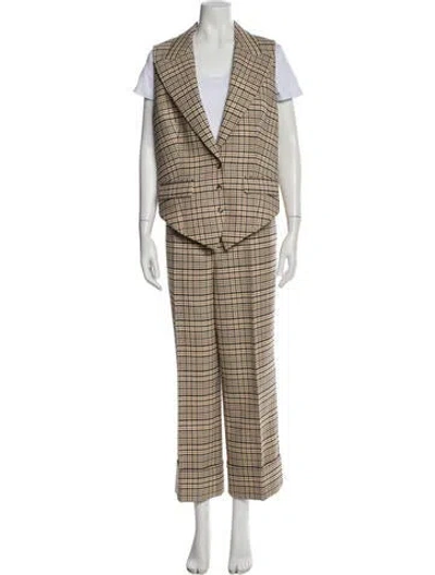 Pre-owned Michael Kors Virgin Wool Plaid Print Pant Set In Neutral