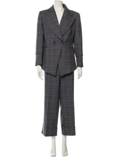 Pre-owned Michael Kors Virgin Wool Plaid Print Pantsuit In Gray
