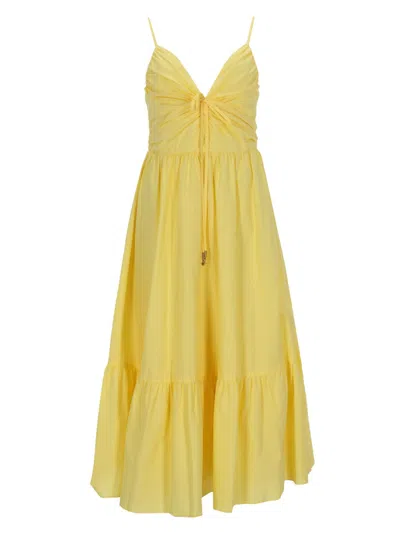 Michael Kors Ruched Bodice Dress Tiered Skirt Straps In Yellow