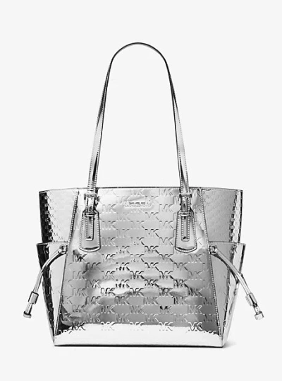 Michael Kors Voyager Large Patent Logo Debossed Tote Bag In Silver