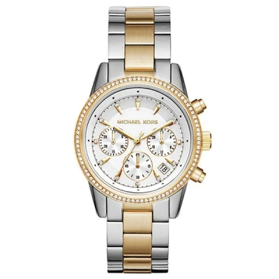 Michael Kors Women's Chronograph Ritz Two-tone Stainless Steel Bracelet Watch 37mm In Two-tone,white