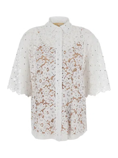MICHAEL KORS WHITE BEADED SHIRT WITH ALL-OVER FLORAL EMBROIDERY