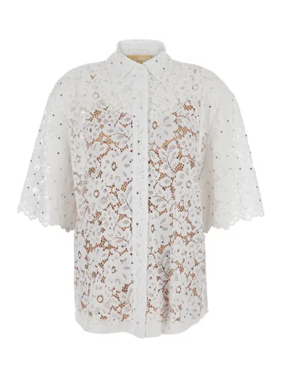 MICHAEL KORS WHITE BEADED SHIRT WITH ALL-OVER FLORAL EMBROIDERY IN TECH FABRIC WOMAN