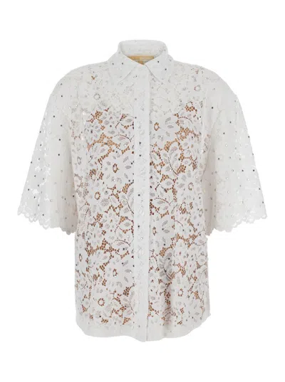 MICHAEL KORS WHITE BEADED SHIRT WITH ALL-OVER FLORAL EMBROIDERY IN TECH FABRIC WOMAN
