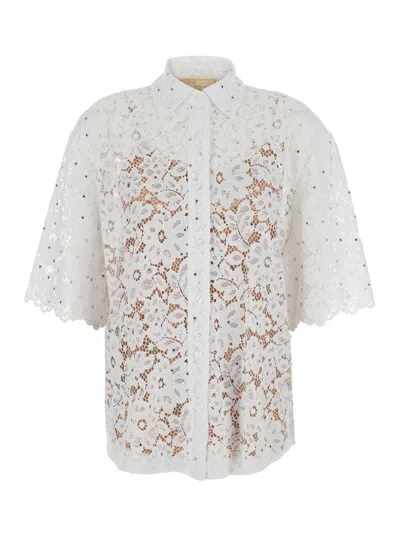 Michael Kors White Beaded Shirt With All-over Floral Embroidery In Tech Fabric Woman