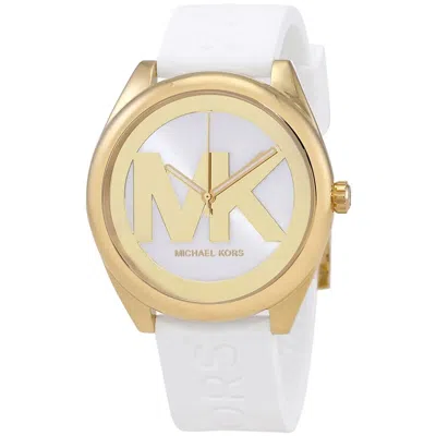 Pre-owned Michael Kors White Janelle Silicone Band,gold Tone 'mk' Logo Dial Watch-mk7141