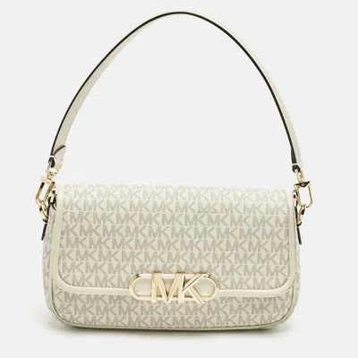 Pre-owned Michael Kors White Signature Coated Canvas And Leather Parker Medium Logo Shoulder Bag