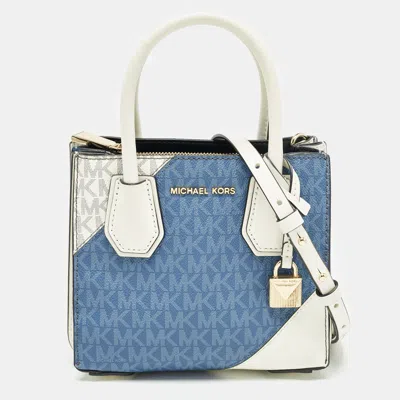 Pre-owned Michael Kors White/blue Signature Coated Canvas Accordion Mercer Crossbody Bag