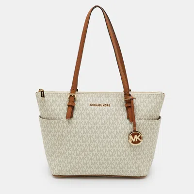 Pre-owned Michael Kors White/brown Signature Coated Canvas And Leather Charlotte Top Zip Tote