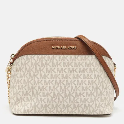 Pre-owned Michael Kors White/brown Signature Coated Canvas And Leather Jet Set Travel Crossbody Bag