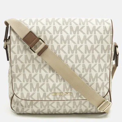 Pre-owned Michael Kors White/brown Signature Coated Canvas And Leather Messenger Bag