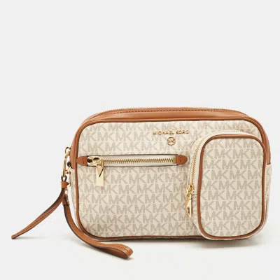 Pre-owned Michael Kors White/brown Signature Coated Canvas Jet Set Travel Pouch
