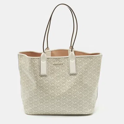 Pre-owned Michael Kors White/light Grey Signature Coated Canvas Large Jodie Tote