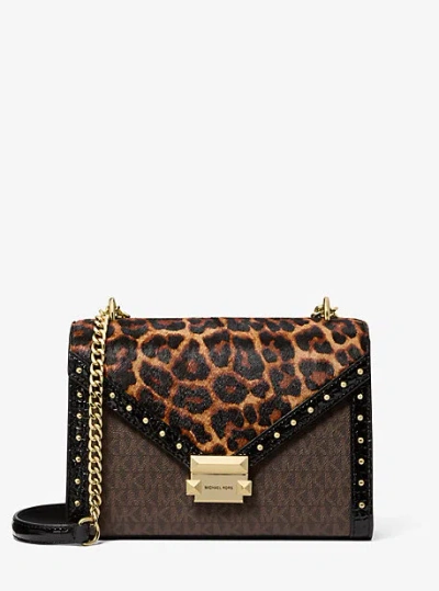 Michael Kors Whitney Leopard Print Calf Hair And Signature Logo Shoulder Bag In Brown
