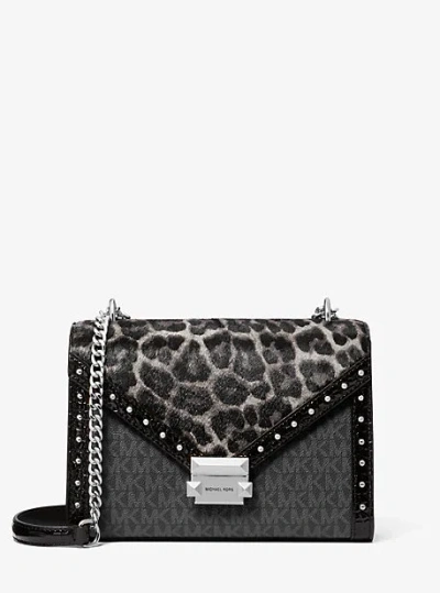 Michael Kors Whitney Medium Signature Logo And Leopard Print Calf Hair Shoulder Bag In Black