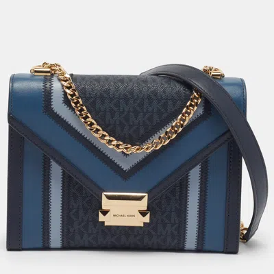 Pre-owned Michael Kors Whitney Three Tone Blue Signature Coated Canvas And Leather Shoulder Bag